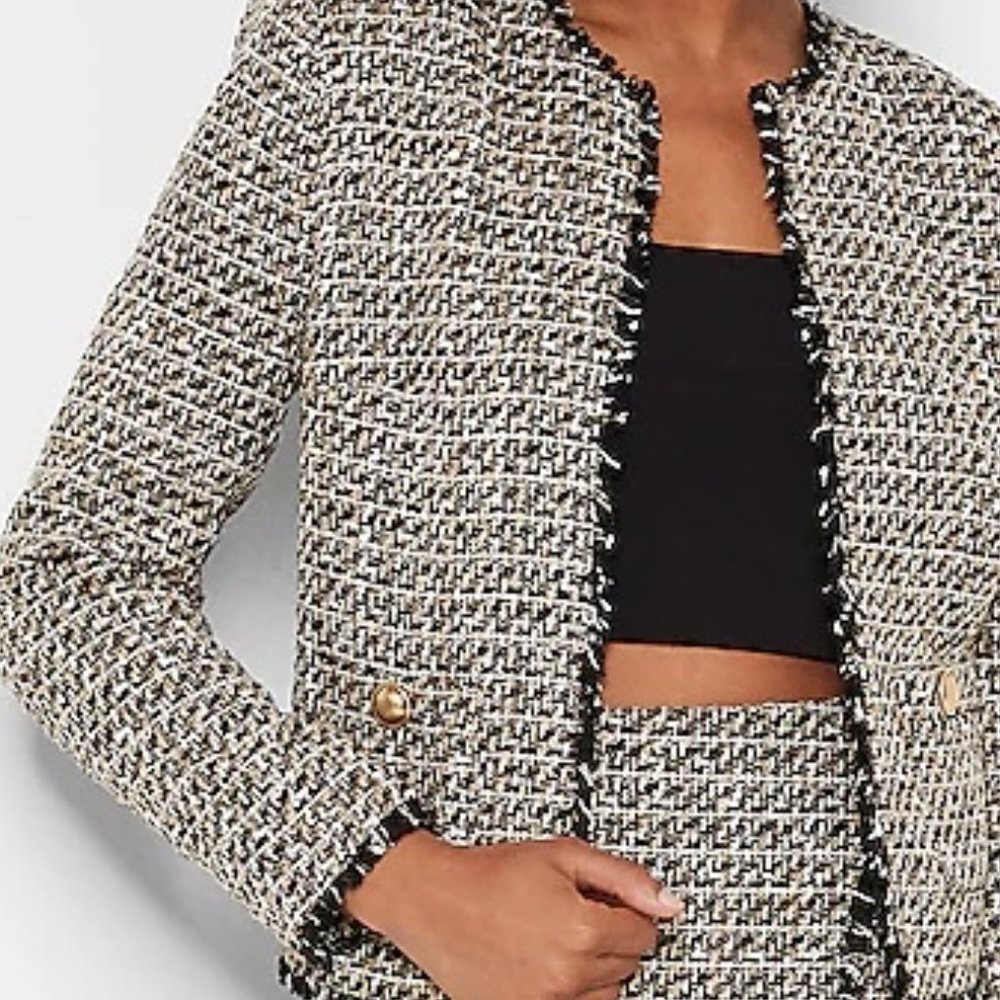 Strong Shoulder Gold Button Tweed Jacket Express - Picture 1 of 2